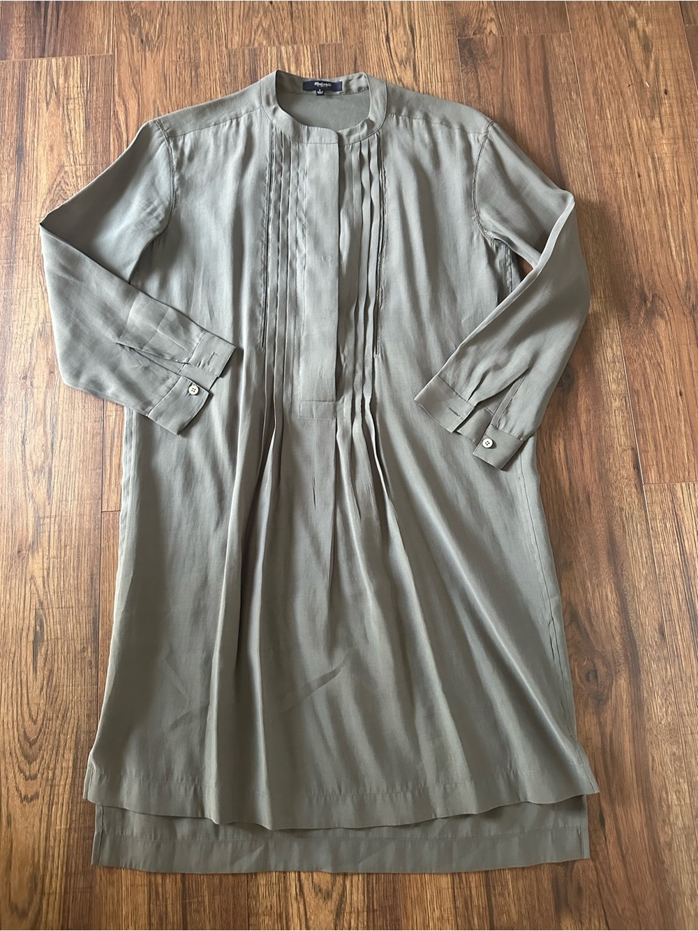 NWT Madewell Olive-Taupe Pintuck Long-Sleeve Button Up Mini Dress
